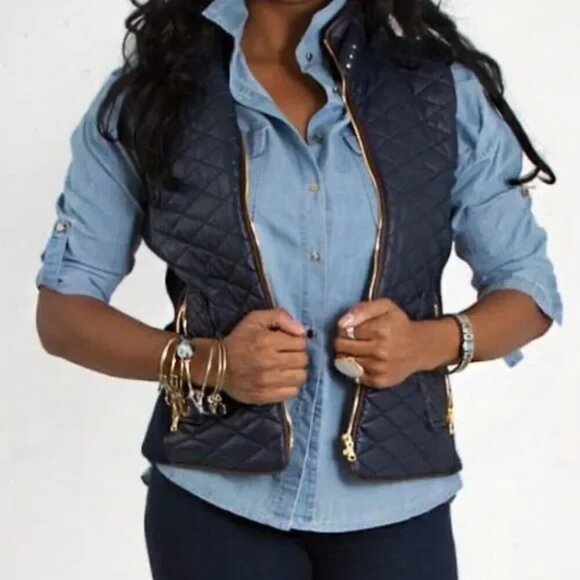 Fate Jackets & Blazers - FATE Rowen Faux/Vegan Leather Quilted Full Zip Navy Vest Sz Med